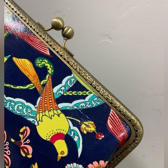 Handsewn Genuine Leather Floral Printed, Kisslock Clutch/Crossbody/Evening bag